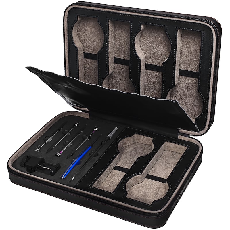 Akribos XXIV Quilted Leatherette 6 Slot Watch Box/ Travel Case and Accessory Sizing Kit