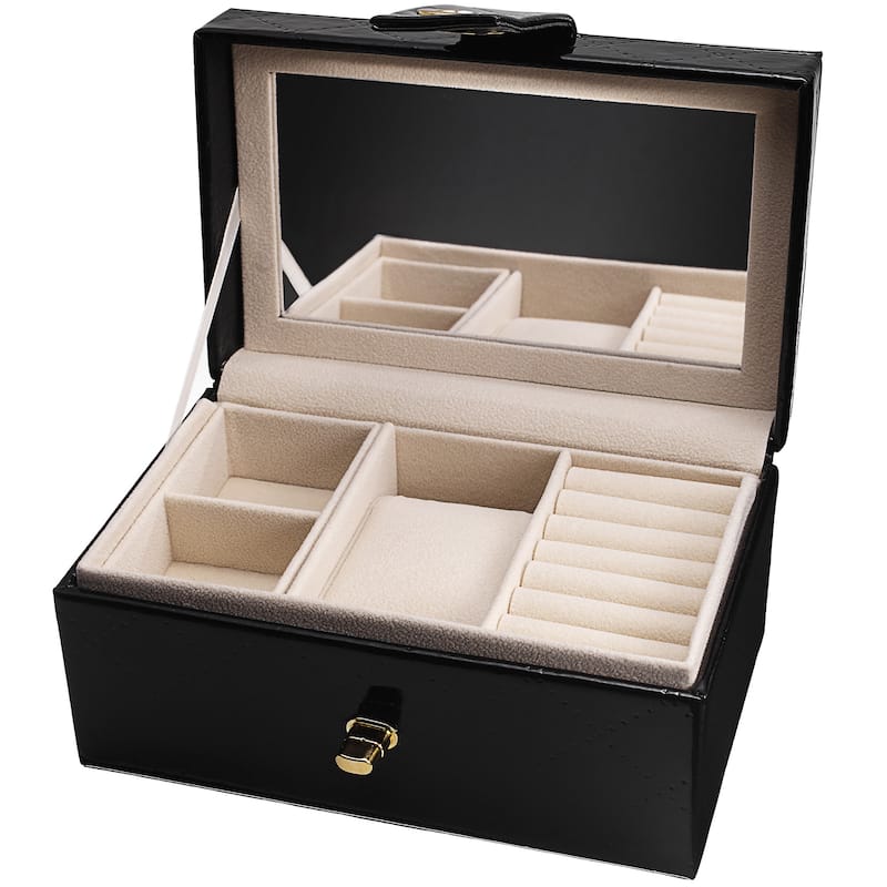 Akribos XXIV Women's Black Quilted Leatherette Mirror-top Jewelry and Watch Box