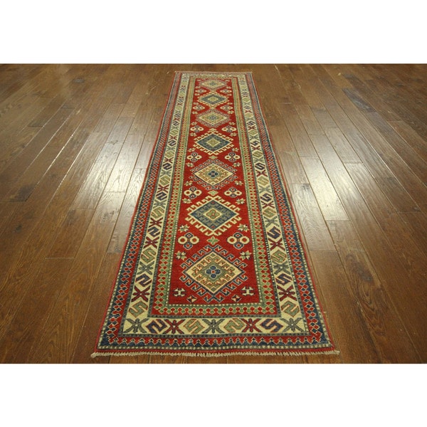 Red Blue and Ivory Runner Super Kazak Hand knotted Wool Area Rug (3 x