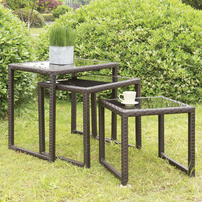 Viro Contemporary Espresso Glass Top Outdoor Nesting Table (Set of 3) by Furniture of America