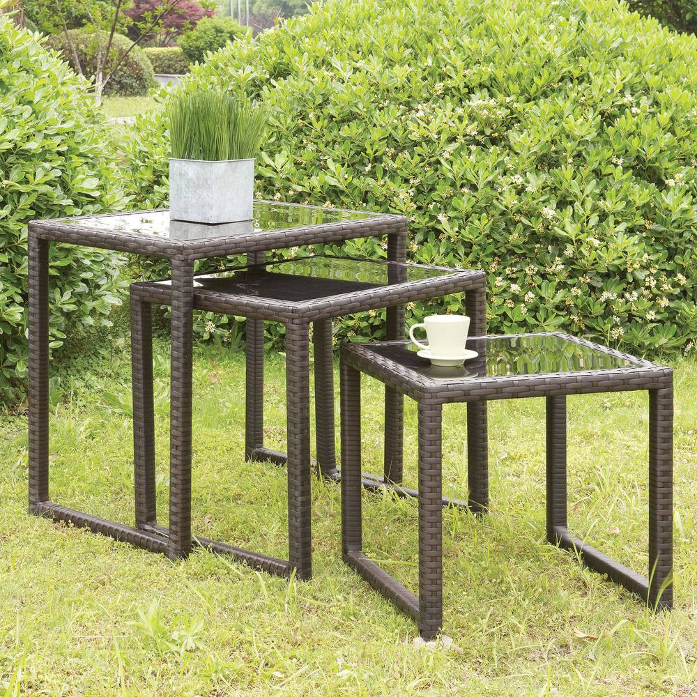 Viro Contemporary Espresso Glass Top Outdoor Nesting Table (Set of 3) by Furniture of America