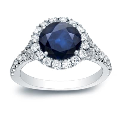 Auriya 14k Gold Round 3/4ct Round Sapphire and 3/4ctw Diamond Halo Engagement Ring (H-I, SI1-SI2)