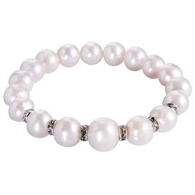 DaVonna White Freshwater Pearls and Cubic Zirconia Stretch Bracelet (9-12mm)
