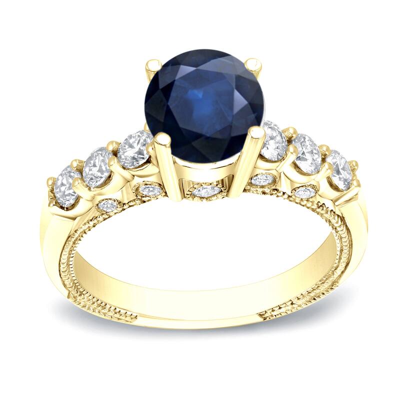 Auriya Vintage 3/4ct Blue Sapphire and 3/4ctw Diamond Engagement Ring 14k Gold (H-I, SI1-SI2) - 4 - Yellow