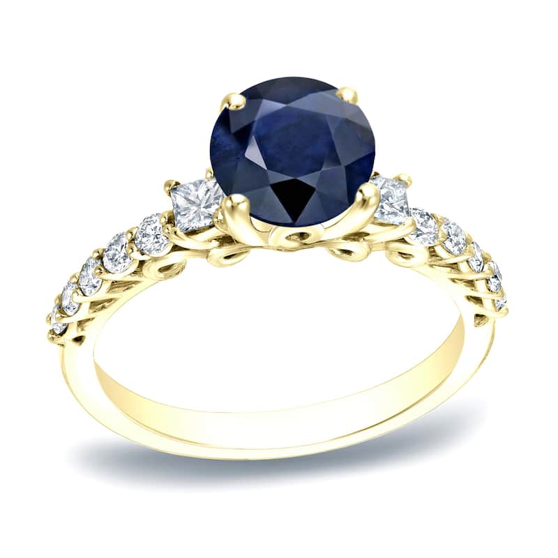 Auriya Round 1ct Blue Sapphire and 2/5ct TDW 3-Stone Diamond Engagement Ring 14K Gold