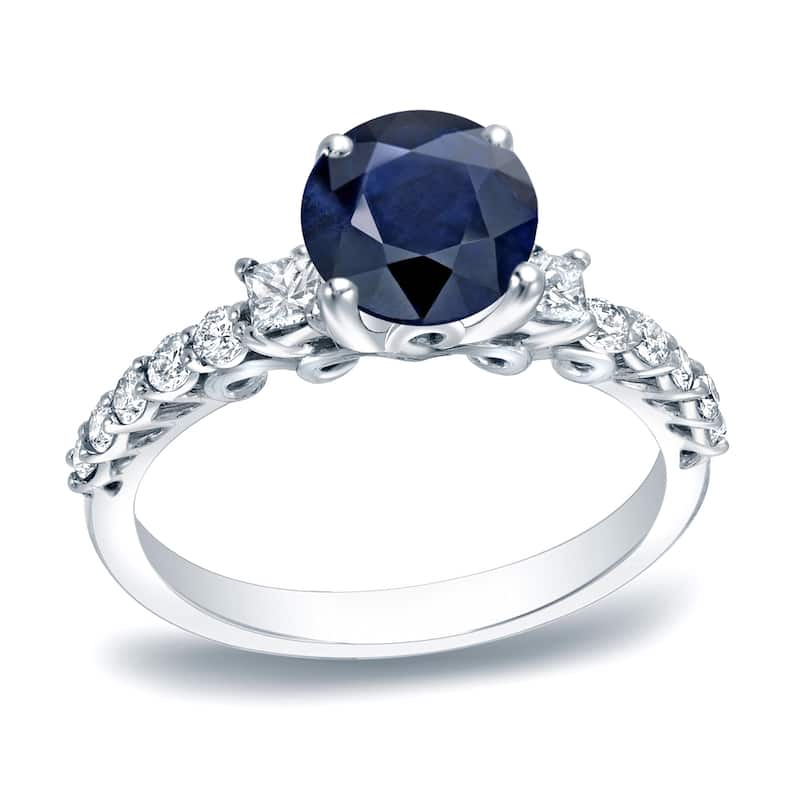 Auriya Round 1ct Blue Sapphire and 2/5ct TDW 3-Stone Diamond Engagement Ring 14K Gold