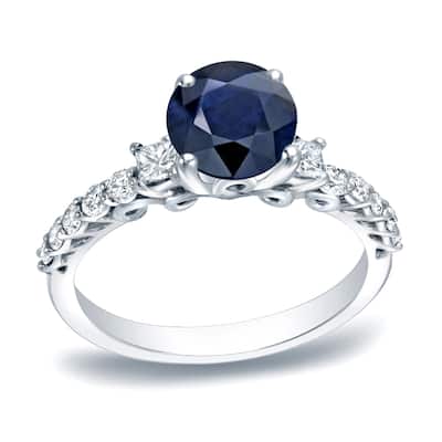 Auriya Round 1ct Blue Sapphire and 2/5ct TDW 3-Stone Diamond Engagement Ring 14K Gold