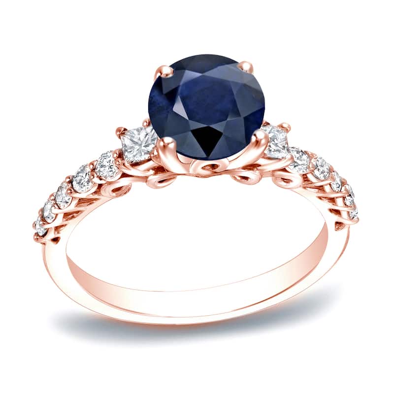 Auriya Round 1ct Blue Sapphire and 2/5ct TDW 3-Stone Diamond Engagement Ring 14K Gold