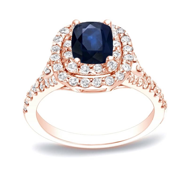 Auriya 14k Gold 1/2ct Cushion-cut Sapphire and Diamond Halo Engagement Ring 3/4ctw - Rose - 4.5