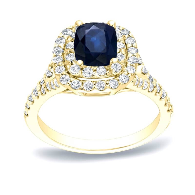 Auriya 14k Gold 1/2ct Cushion-cut Sapphire and Diamond Halo Engagement Ring 3/4ctw - Yellow - 4.5