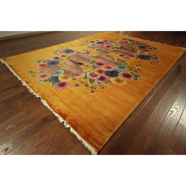 Unique Gold and Multicolored Floral Chinese Handknotted Wool Area Rug
