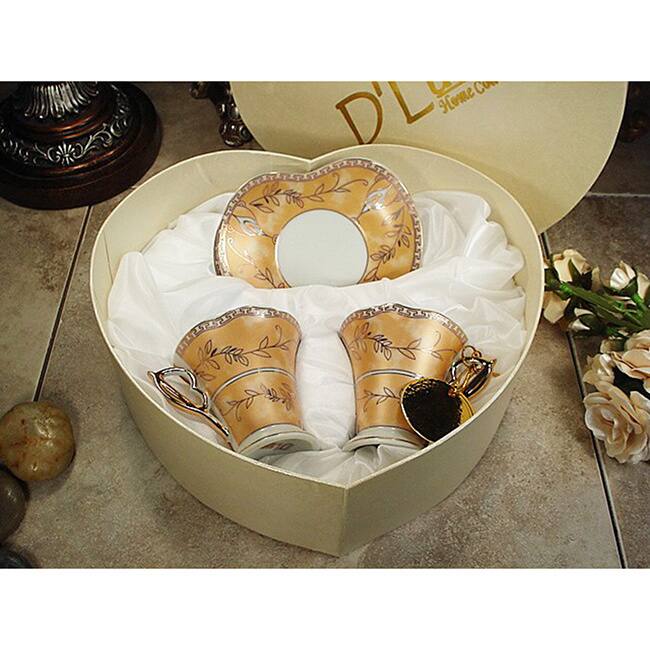D'Lusso Designs Deco Gold Design 4 Piece Espresso Set In Heart Box