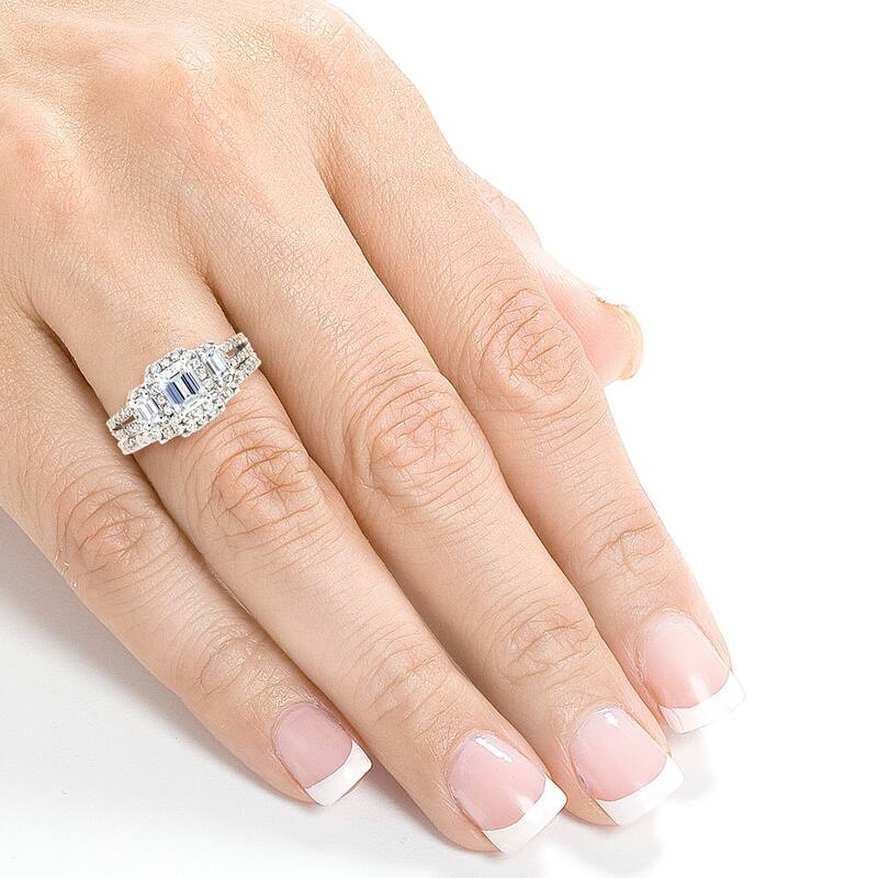 Annello by Kobelli 14k White Gold 1 1/2ct TDW Three Stone Emerald Shape Diamond Bridal Rings Set