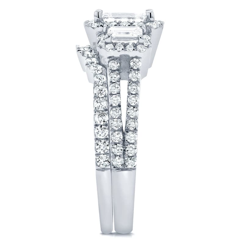 Annello by Kobelli 14k White Gold 1 1/2ct TDW Three Stone Emerald Shape Diamond Bridal Rings Set