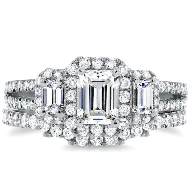 Annello by Kobelli 14k White Gold 1 1/2ct TDW Three Stone Emerald Shape Diamond Bridal Rings Set