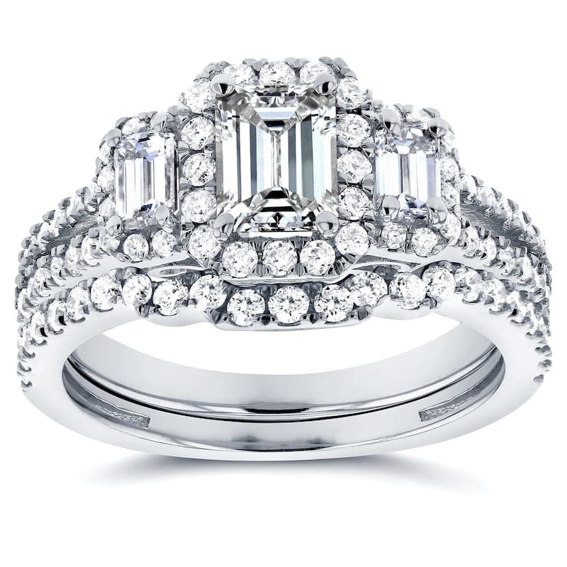 Annello by Kobelli 14k White Gold 1 1/2ct TDW Three Stone Emerald Shape Diamond Bridal Rings Set - 4