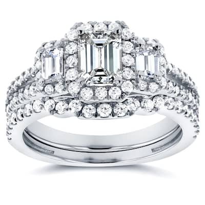 Annello by Kobelli 14k White Gold 1 1/2ct TDW Three Stone Emerald Shape Diamond Bridal Rings Set