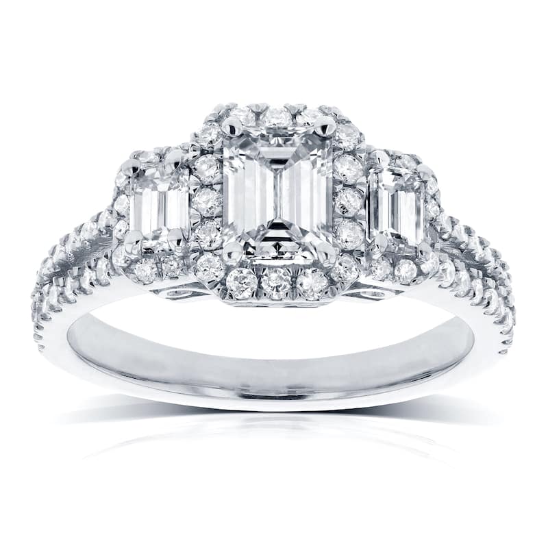 Annello by Kobelli 14k White Gold 1 3/4ct TDW Three Stone Halo Emerald Diamond Split Shank Engagement Ring - 4