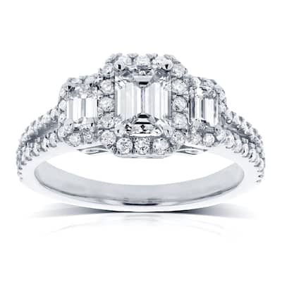 Annello by Kobelli 14k White Gold 1 3/4ct TDW Three Stone Halo Emerald Diamond Split Shank Engagement Ring