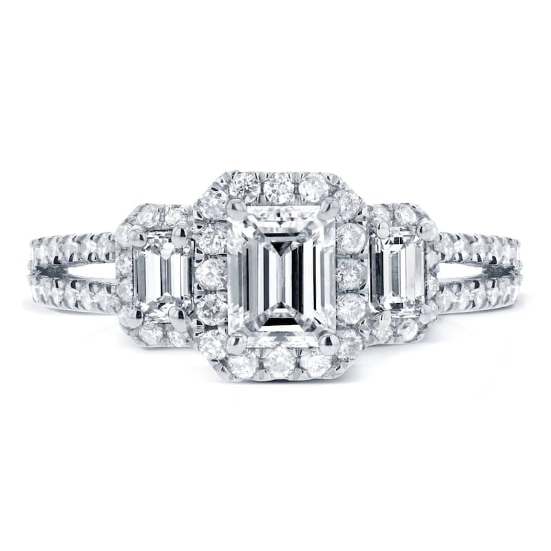 Annello by Kobelli 14k White Gold 1 3/4ct TDW Three Stone Halo Emerald Diamond Split Shank Engagement Ring