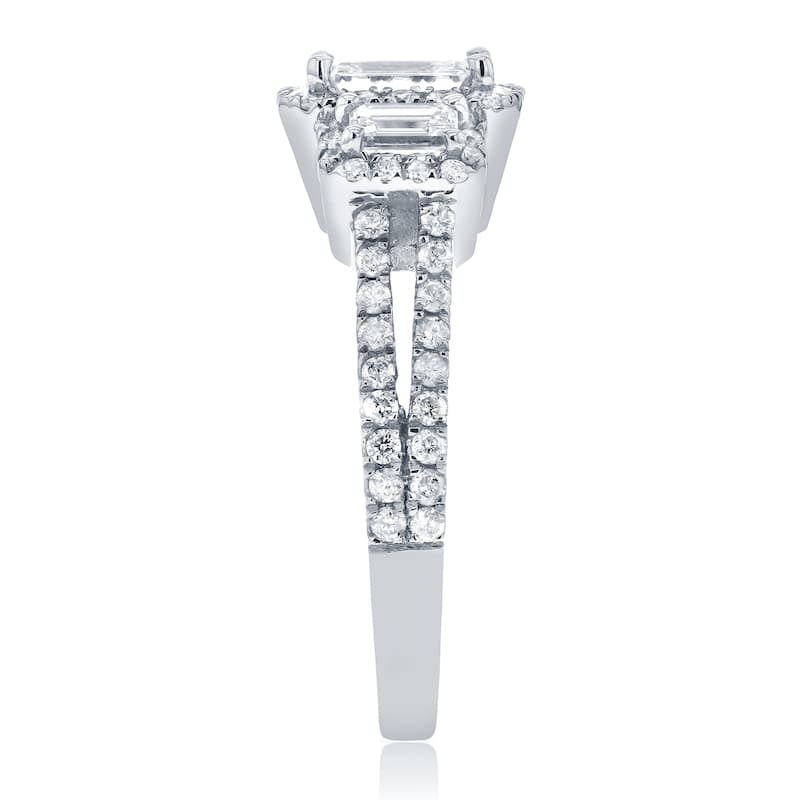 Annello by Kobelli 14k White Gold 1 3/4ct TDW Three Stone Halo Emerald Diamond Split Shank Engagement Ring