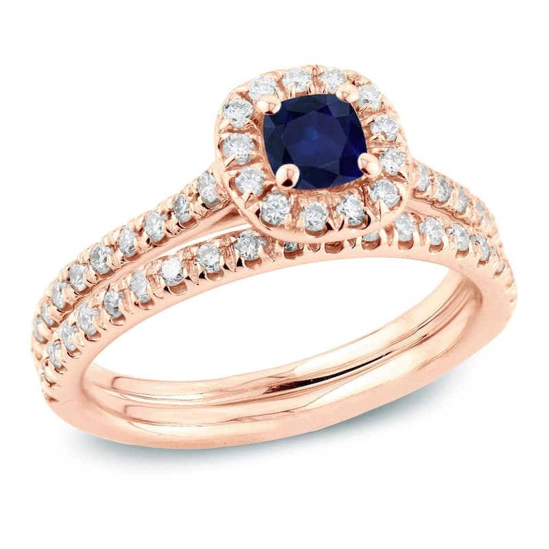 Auriya 14k Gold 2/5ct Cushion Cut Blue Sapphire and 3/5ctw Halo Diamond Engagement Ring Set - Rose - 4