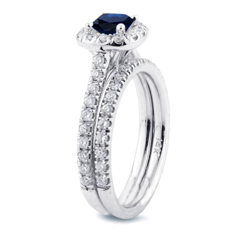 Auriya 14k Gold 2/5ct Cushion Cut Blue Sapphire and 3/5ctw Halo Diamond Engagement Ring Set