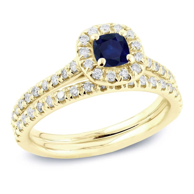 Auriya 14k Gold 2/5ct Cushion Cut Blue Sapphire and 3/5ctw Halo Diamond Engagement Ring Set - Yellow - 4