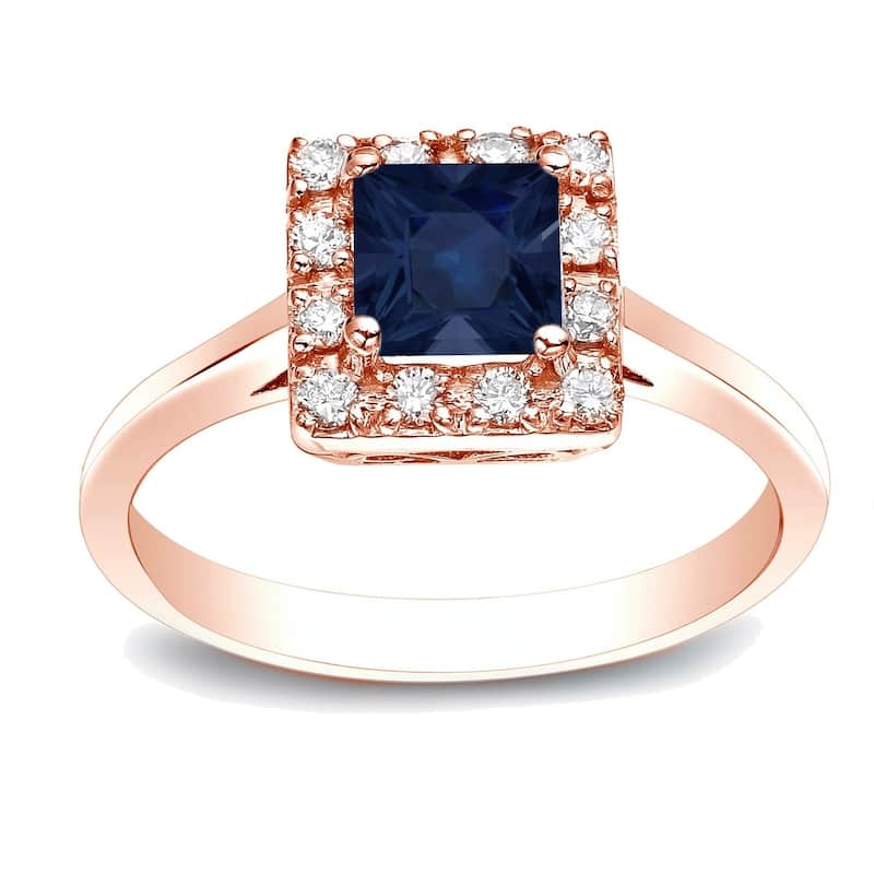 Auriya 14k Gold 1/3ct Princess-cut Sapphire and Diamond Halo Engagement Ring 1/5ctw - Rose - 4