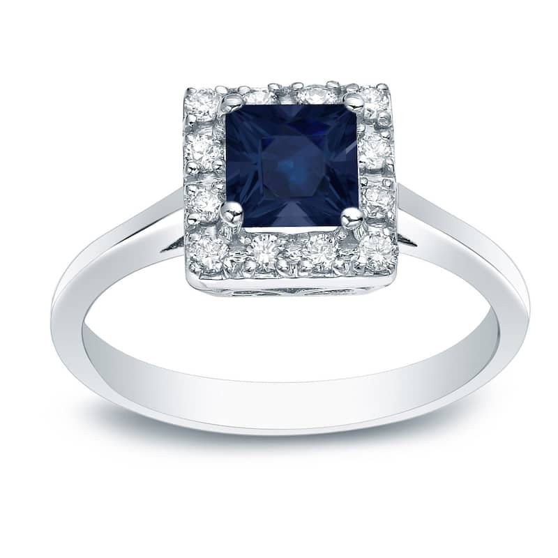 Auriya 14k Gold 1/3ct Princess-cut Sapphire and Diamond Halo Engagement Ring 1/5ctw - White - 4