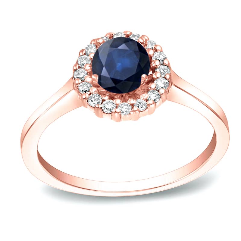 Auriya Round 1/2ct Blue Sapphire and 1/4ct Diamond Halo Engagement Ring 14K Gold - 4 - Rose
