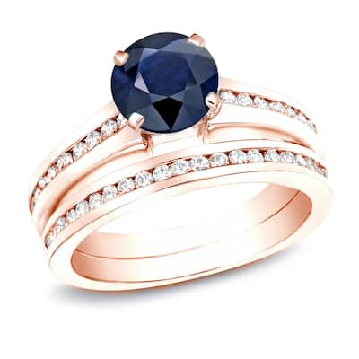 Auriya 14k Gold 1ct Blue Sapphire & Diamond Engagement Ring Set 1ctw