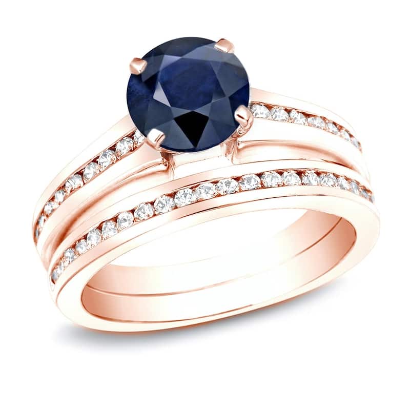 Auriya 14k Gold 1ct Blue Sapphire & Diamond Engagement Ring Set 1ctw - Rose - 4
