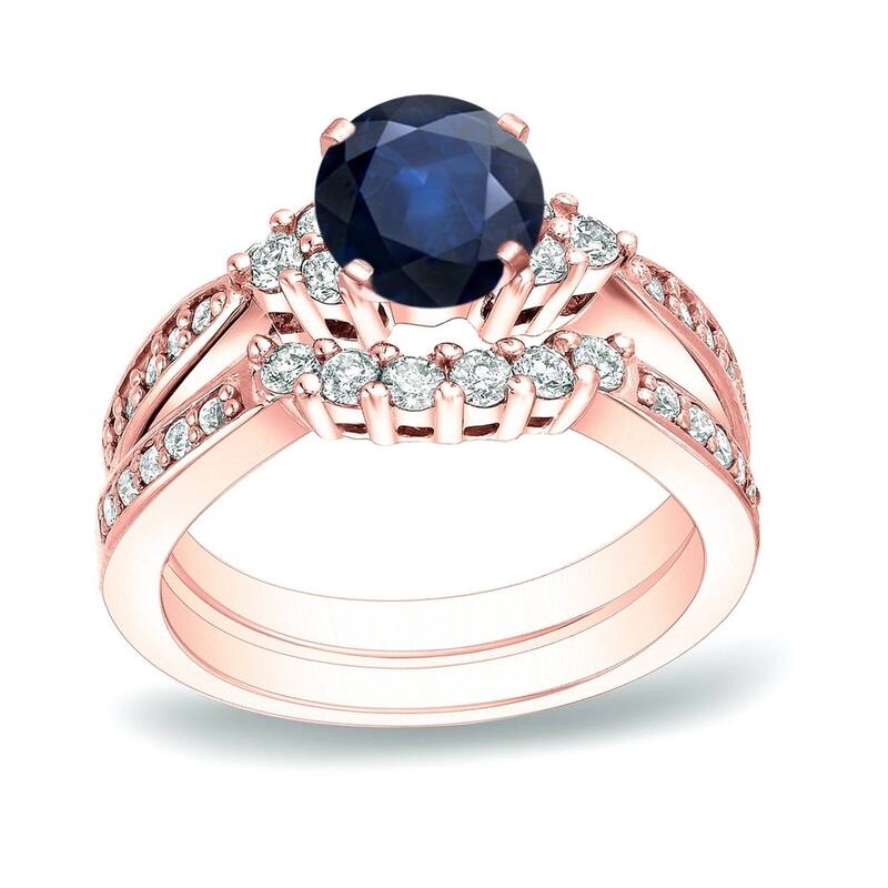 Auriya 14k Gold 3/4ct Sapphire and 3/5ctw Diamond Engagement Ring Set - Rose - 4