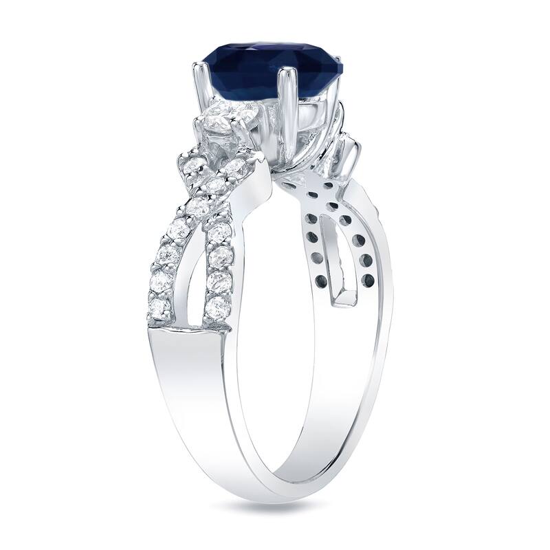 Auriya 1ct Blue Sapphire and 1/2ctw 3 Stone Diamond Engagement Ring 14K Gold