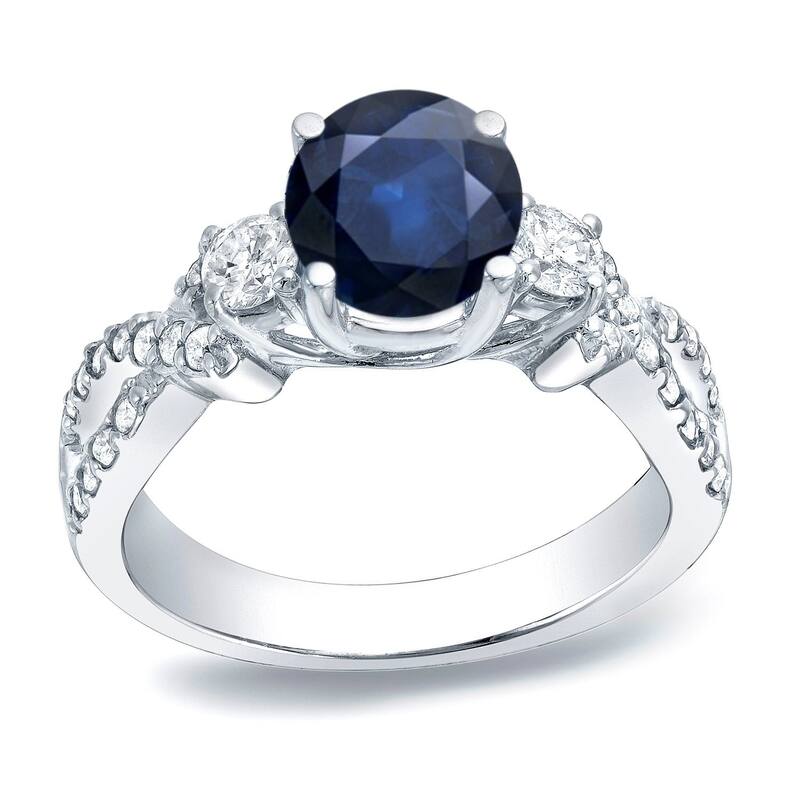 Auriya 1ct Blue Sapphire and 1/2ctw 3 Stone Diamond Engagement Ring 14K Gold - 4 - White