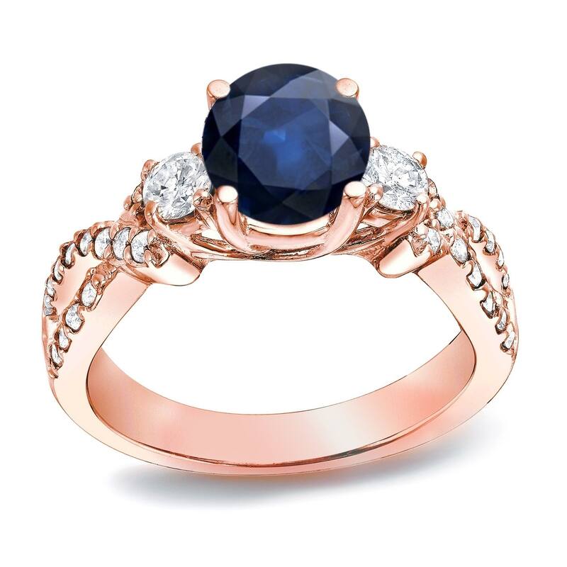 Auriya 1ct Blue Sapphire and 1/2ctw 3 Stone Diamond Engagement Ring 14K Gold - 4 - Rose