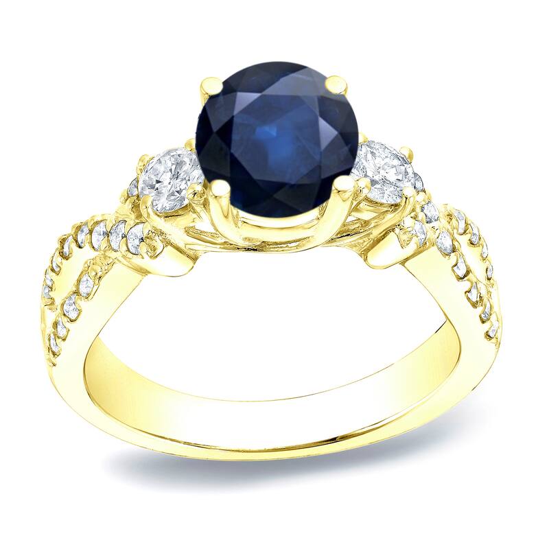 Auriya 1ct Blue Sapphire and 1/2ctw 3 Stone Diamond Engagement Ring 14K Gold