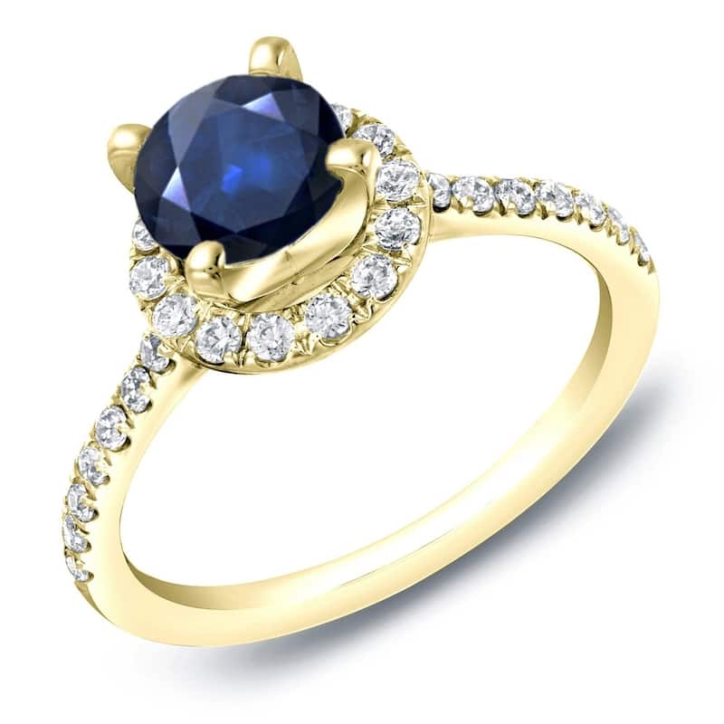 Auriya 14k Gold 1ct Blue Sapphire and Diamond Halo Engagement Ring 1/2ctw - Yellow - 10