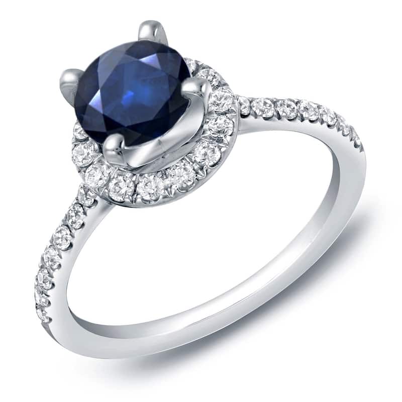 Auriya 14k Gold 1ct Blue Sapphire and Diamond Halo Engagement Ring 1/2ctw - White - 9.5