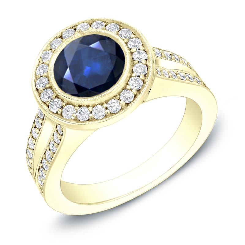 Auriya Vintage 1 1/2ct Sapphire and 3/5ct TDW Diamond Halo Engagement Ring 14K Gold - 4 - Yellow
