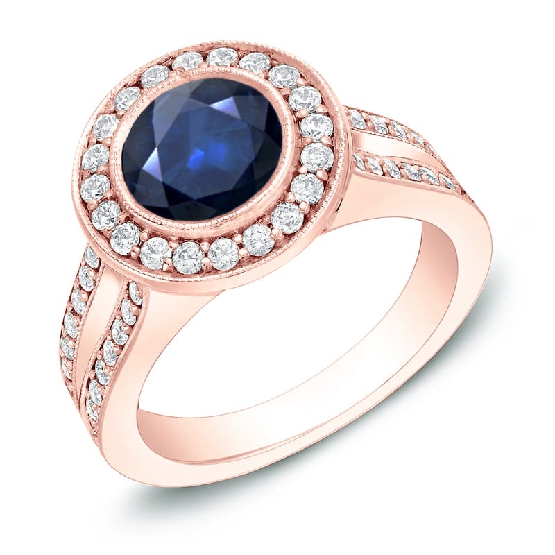 Auriya Vintage 1 1/2ct Sapphire and 3/5ct TDW Diamond Halo Engagement Ring 14K Gold - 4 - Rose