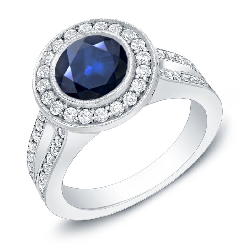 Auriya Vintage 1 1/2ct Sapphire and 3/5ct TDW Diamond Halo Engagement Ring 14K Gold - 4 - White