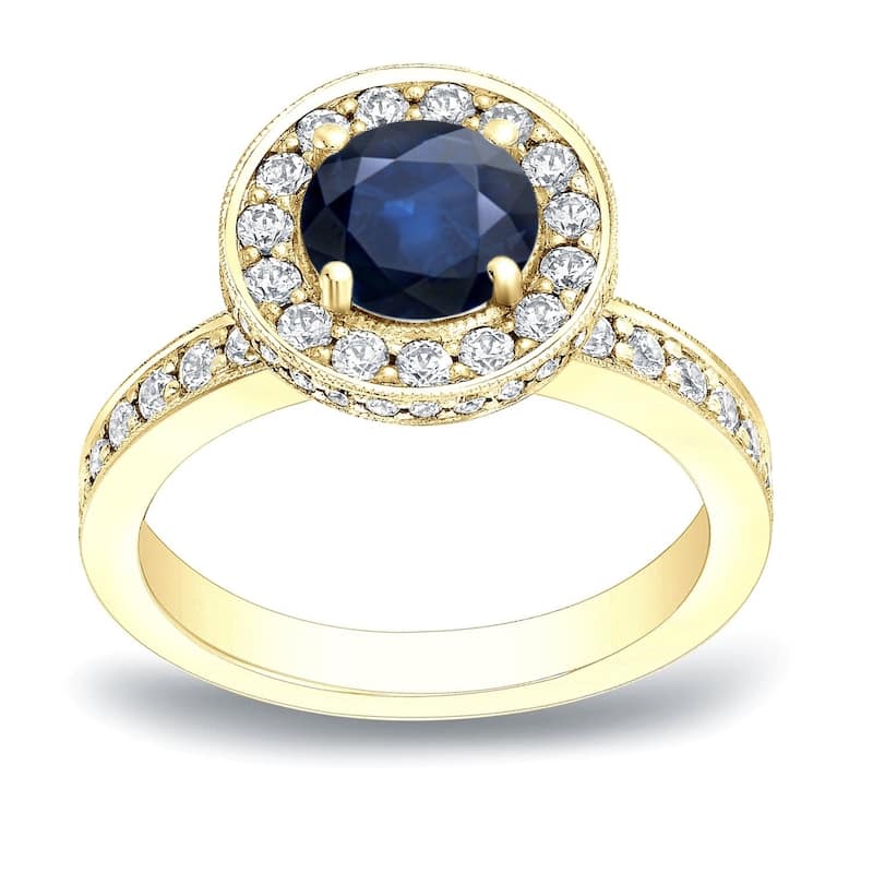 Auriya Vintage 1ct Sapphire and 3/4ctw Halo Diamond Engagement Ring 14K Gold (H-I, SI1-SI2) - 4 - Yellow