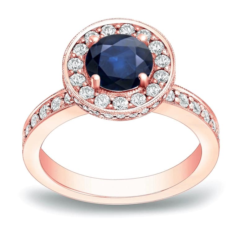 Auriya Vintage 1ct Sapphire and 3/4ctw Halo Diamond Engagement Ring 14K Gold (H-I, SI1-SI2) - 4 - Rose