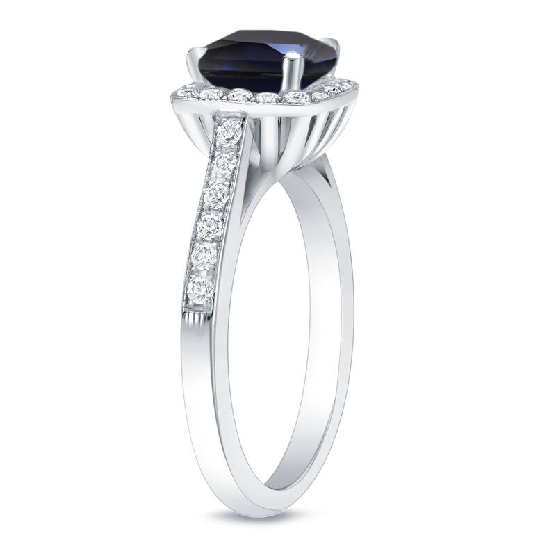 Auriya 1 3/5ct Cushion Cut Blue Sapphire and 2/5ctw Halo Diamond Engagement Ring 14K Gold