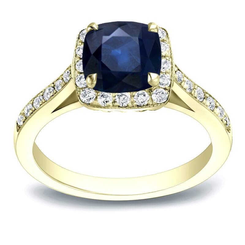 Auriya 1 3/5ct Cushion Cut Blue Sapphire and 2/5ctw Halo Diamond Engagement Ring 14K Gold - 9.5 - Yellow