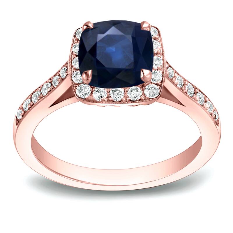 Auriya 1 3/5ct Cushion Cut Blue Sapphire and 2/5ctw Halo Diamond Engagement Ring 14K Gold - 4 - Rose