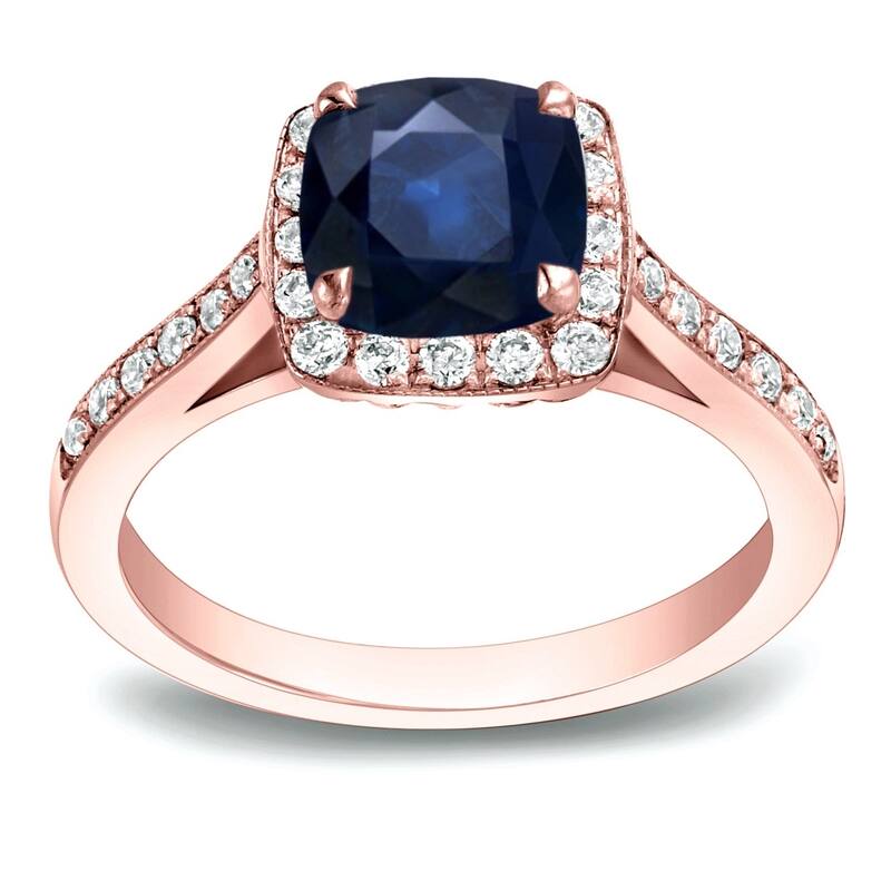 Auriya 1 3/5ct Cushion Cut Blue Sapphire and 2/5ctw Halo Diamond Engagement Ring 14K Gold - 9.5 - Rose