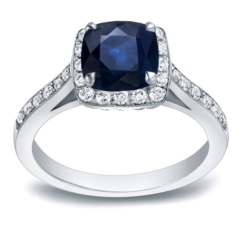 Auriya 1 3/5ct Cushion Cut Blue Sapphire and 2/5ctw Halo Diamond Engagement Ring 14K Gold - 4 - White